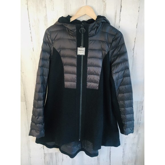 NWOT DKNY Premium Down Puffer Jacket and Wool Hooded Hi Lo Black Swing Trapeze M - Picture 1 of 12